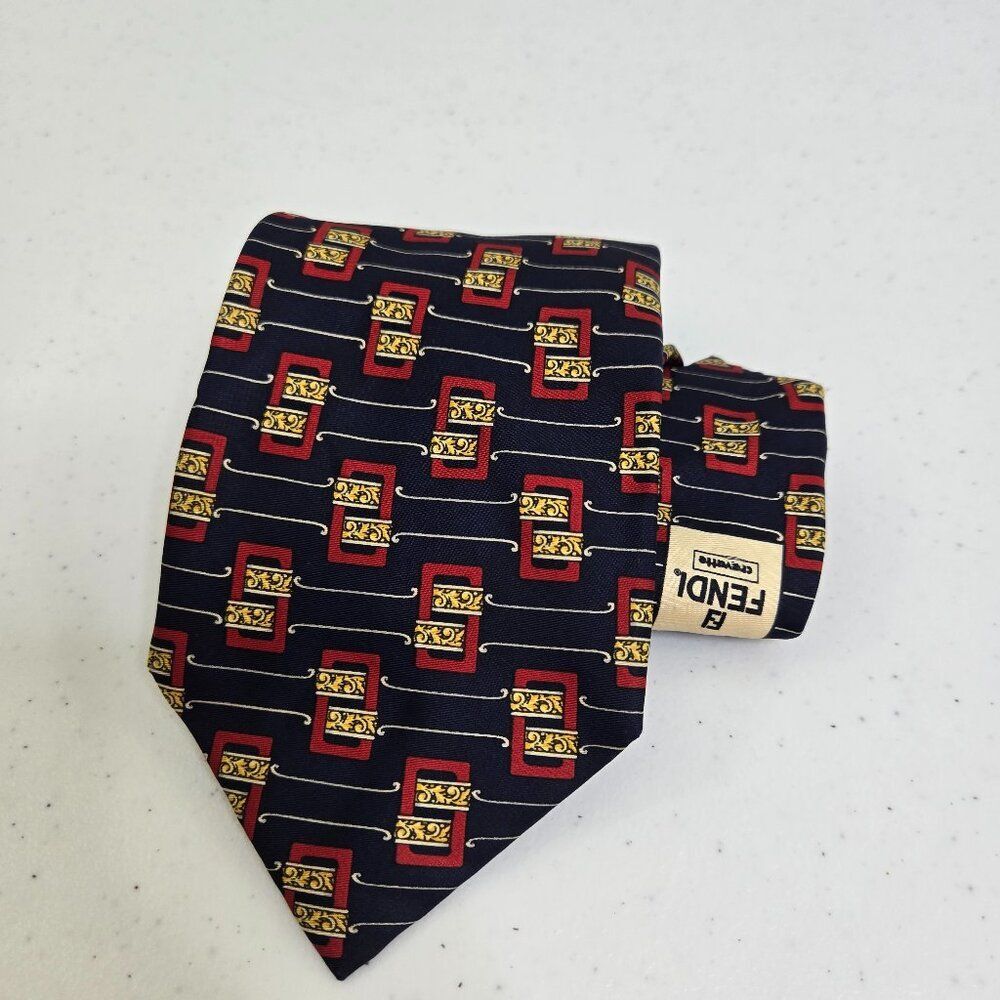 Vintage Fendi Necktie Tie 100% Silk Blue Red Gold Stripe Filigree Designer Italy